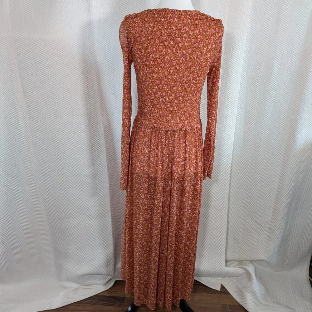 Free People Hello and Goodbye Midi Dress Floral Orange/Brown Est. Medium Boho - Picture 4 of 11